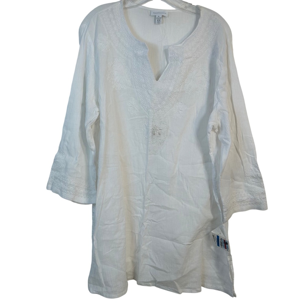 Charter Club White Cotton Embroidered Tunic Top‎ XL 3/4 Sleeve Boho Gauze Shirt